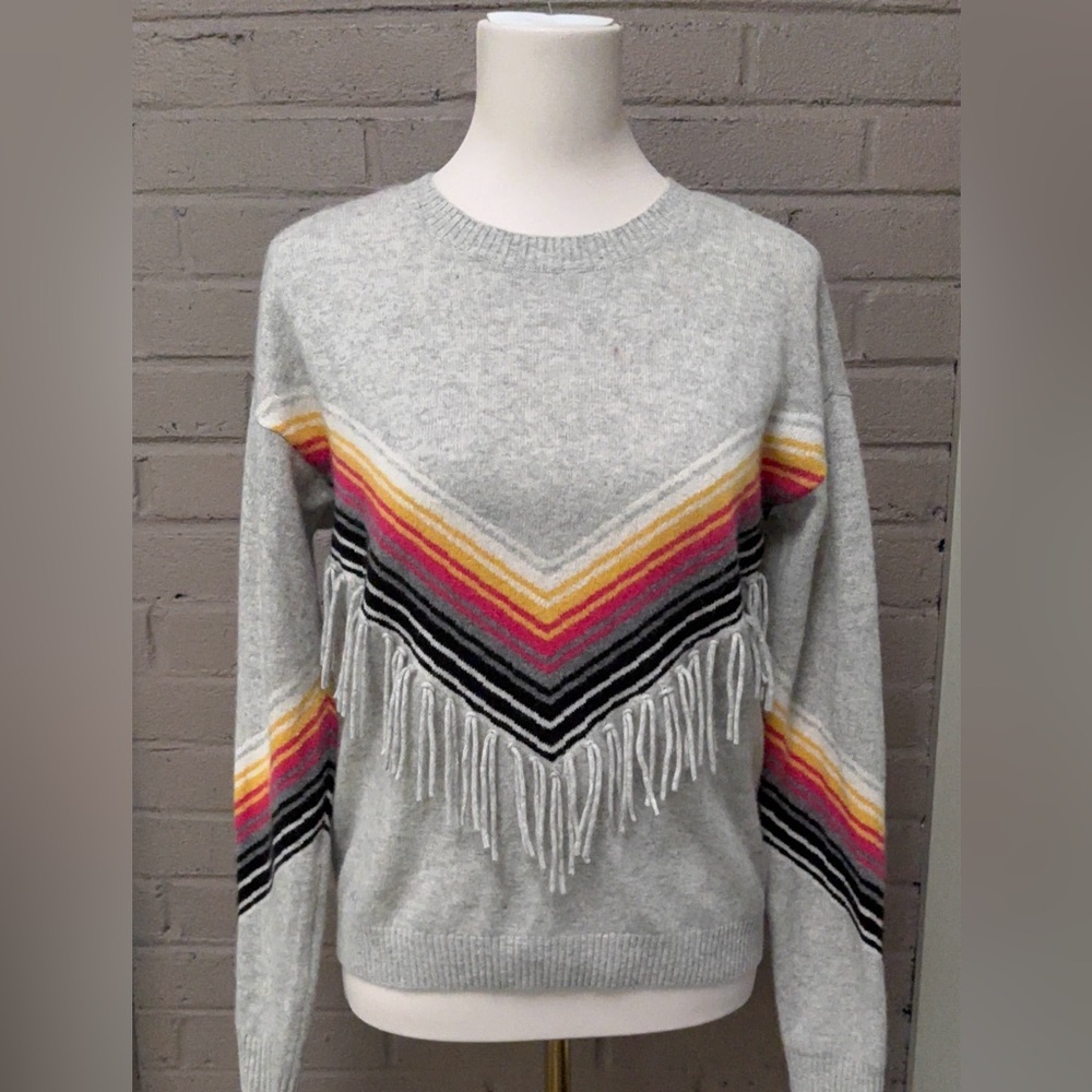 Minnie Rose Cashmere Multicolor Chevron Fringe Sweater M